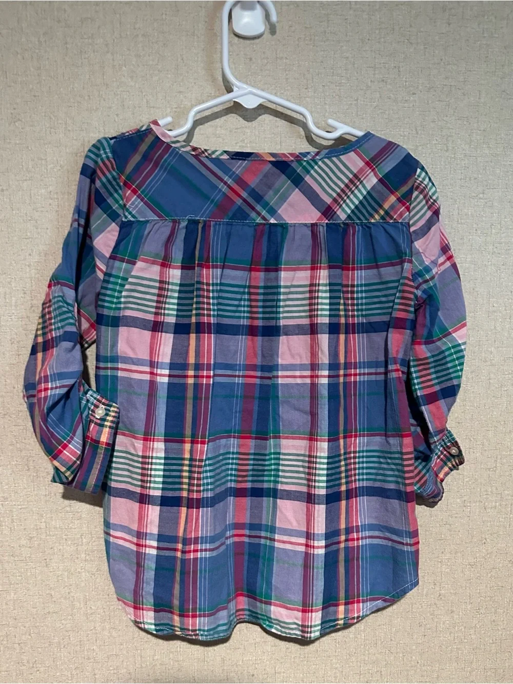 Ralph Lauren Girls Size 5 Plaid Button-Front Roll-Sleeve Top - Pink & Blue